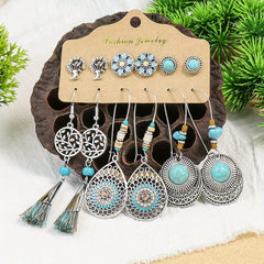 Boho Holiday Earrings Set Silver Geometric Retro Ear Jewelry