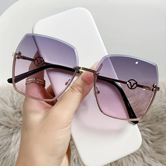 Oversized Gradient Lens Sunglasses Metal Temple Rimless Glasses UV400