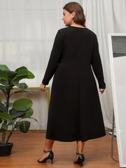 Women's Plus Solid Long Sleeve Round Neck Medium Stretch Dress