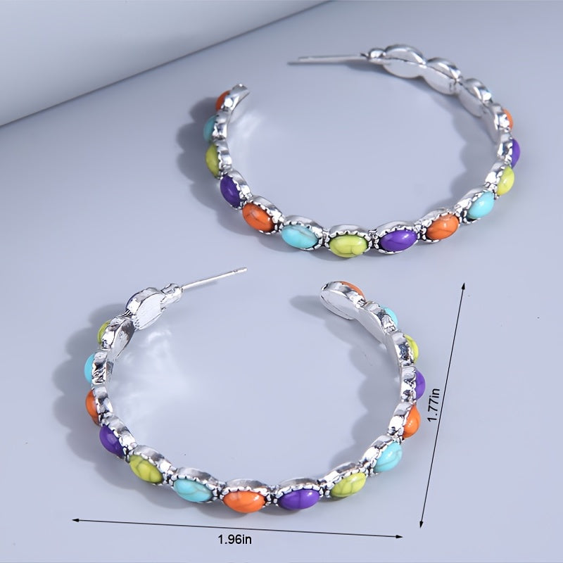 Turquoise Bohemian Metal Hoop Earrings Silver Plated Jewelry Party Decor 1Pair