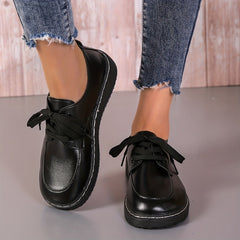 Women's Solid Flat Loafers Lace Up Low Round Toe Non slip Waterproof Shoes