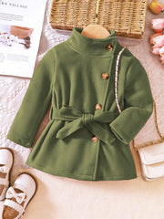 Baby Girls Solid Jacket Stand Collar Bow Belt Long Sleeve Button Warm Coat