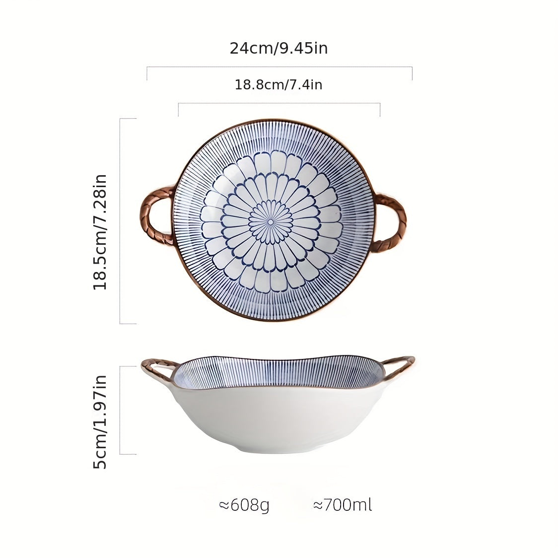 Ceramic Retro Style Two Ear Bowl High Beauty Noodle Bowl for Salad Fruit Pasta