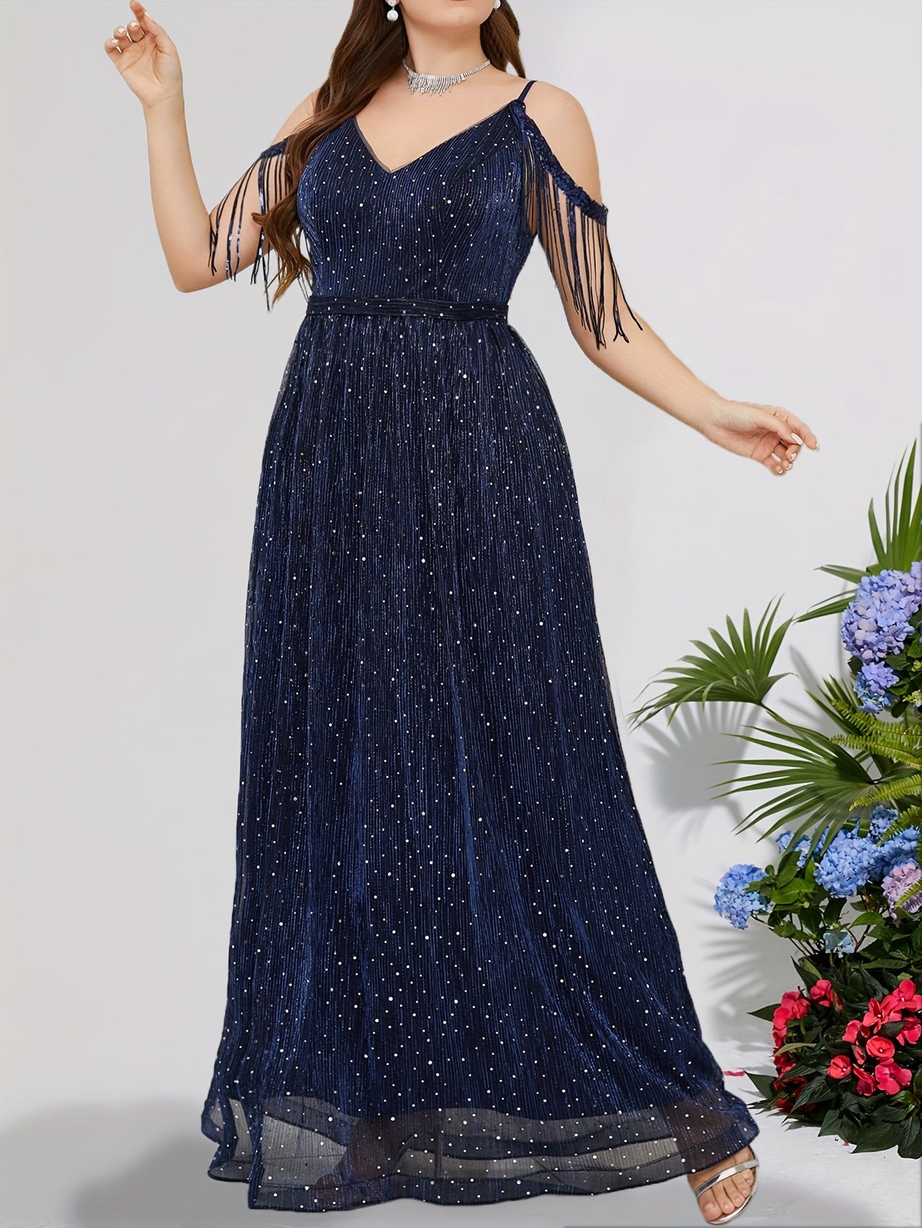  Sequin Fringe Trim V Neck Bridesmaid Dress