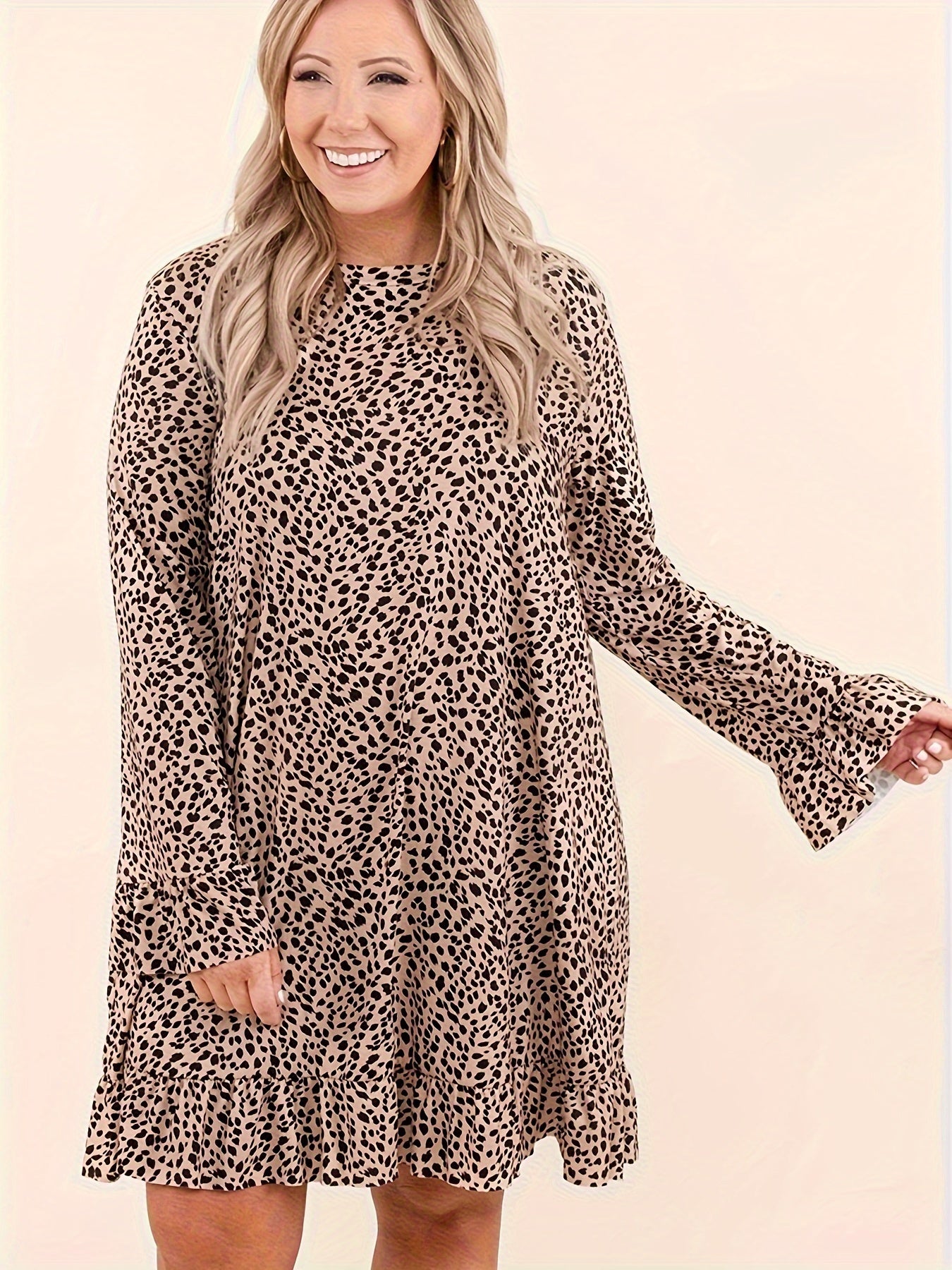  Leopard Print Ruffle Trim Flounce Sleeve Dress