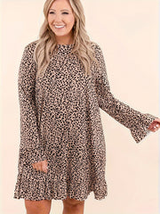  Leopard Print Ruffle Trim Flounce Sleeve Dress