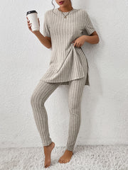 Ribbed Two piece Set Crew Neck Tops & Slim Pants Outfits