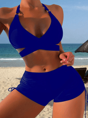 Halter Neck Bikini Set V Neck Criss Cross Ring Drawstring Boxer Short Swimsuit