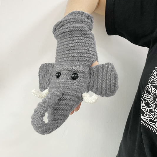 Cartoon Elephant Embroidery Wool Knitted Warm Mittens