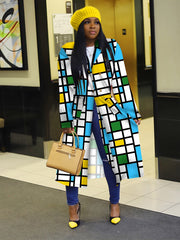 Plaid Patchwork Button Down Double Lapel Trench Coat Winter Jacket
