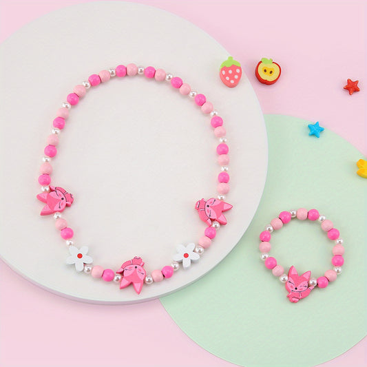 Pink Wood Fox Flower Beads Jewelry Set