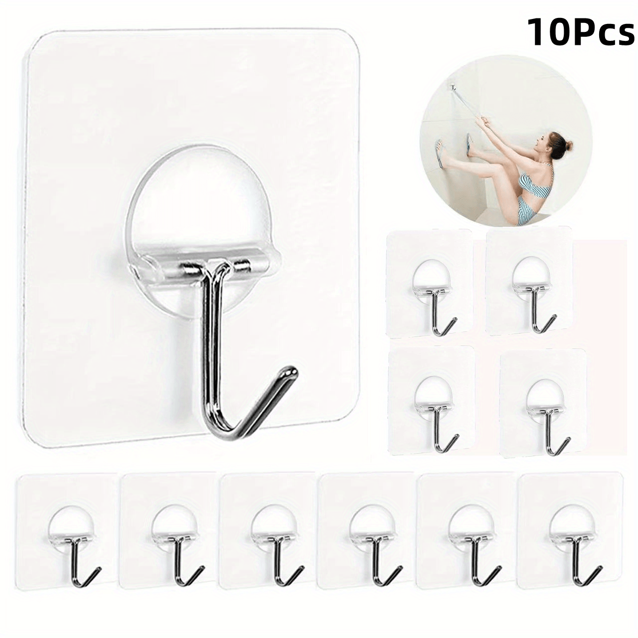 10pcs Self Adhesive Heavy Duty Wall Hooks Waterproof Oilproof No Punching