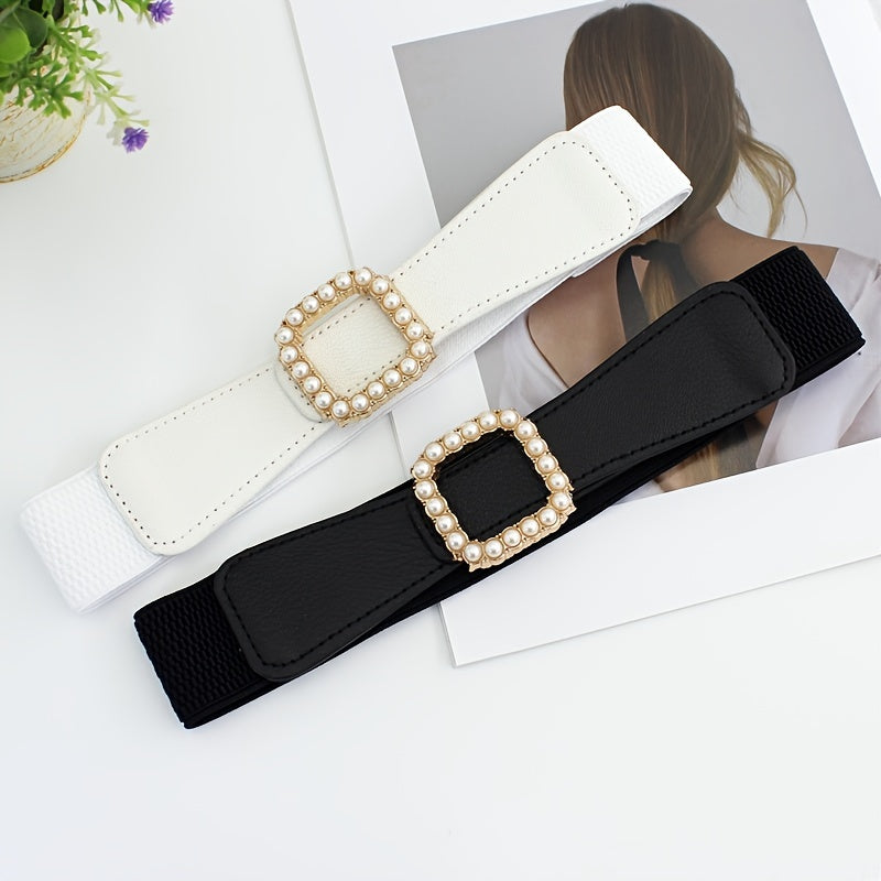 Women's Elastic Belt Square Pearls Buckle Waist Slimming Girdle