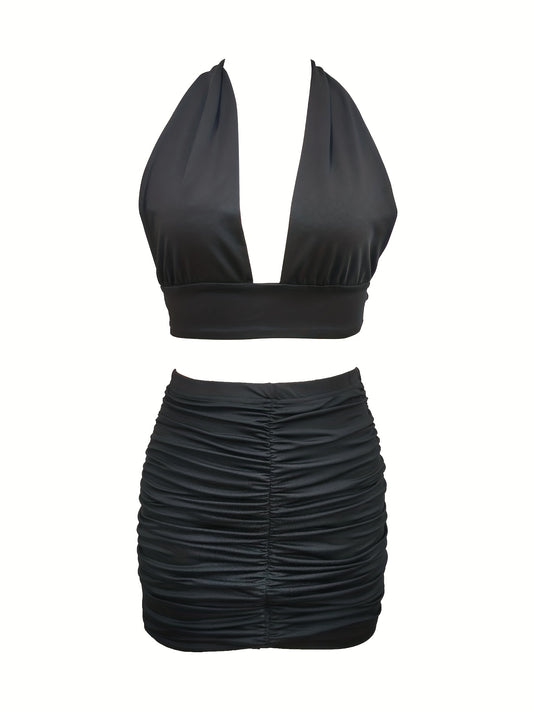 Solid Stretchy Party Two Piece Set Halter Neck Sleeveless Tops & Pleated Bag Hip