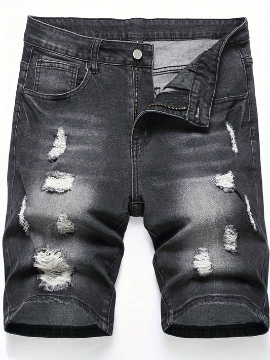 Men's Ripped Denim Shorts High Stretch Distressed Street Style