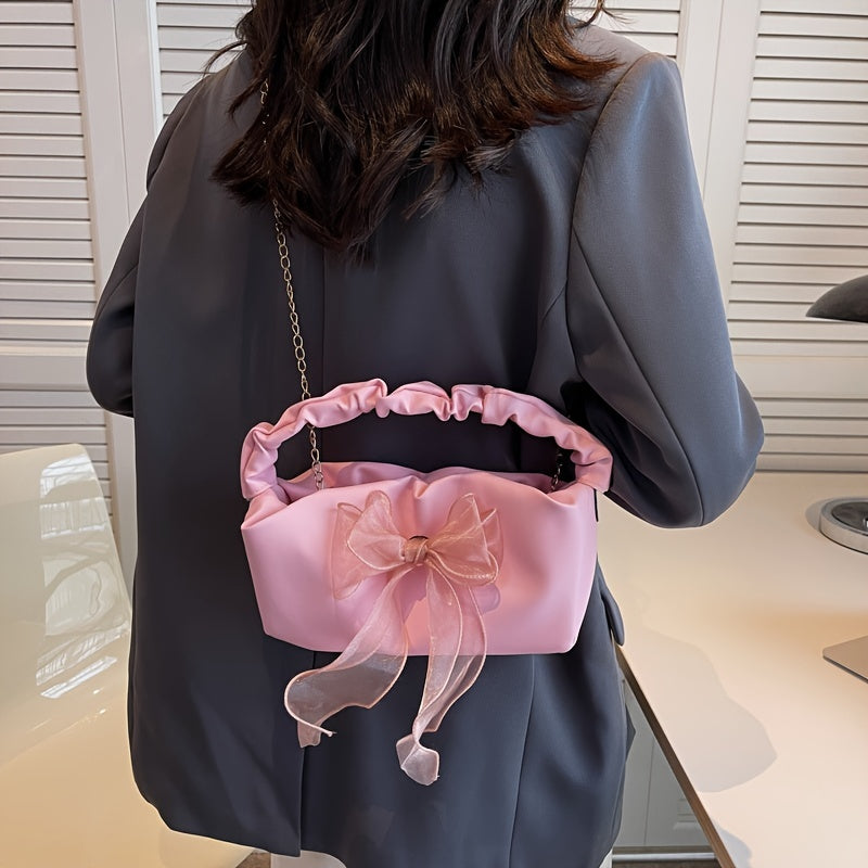 Bow Decor Ruched HandBag Women's Faux Leather Chain Shoulder Bag Crossbody Purse