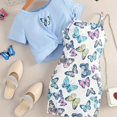 Girls Butterfly Knot Tee Top & Cami Dress Set for Party