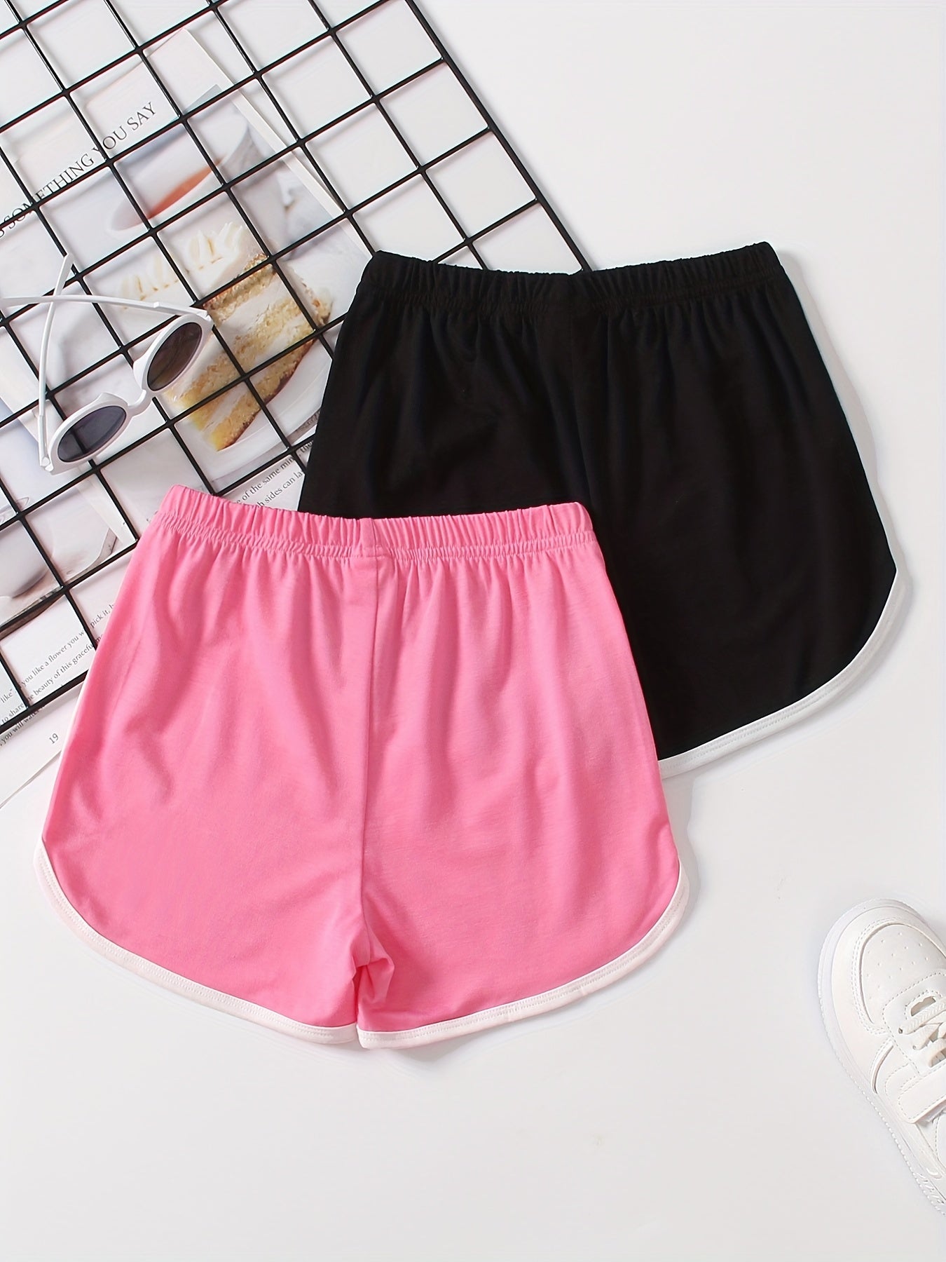 2pcs Girls' Contrast Binding Sports Shorts Set For Yoga Outfit