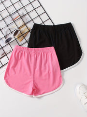 2pcs Girls' Contrast Binding Sports Shorts Set For Yoga Outfit