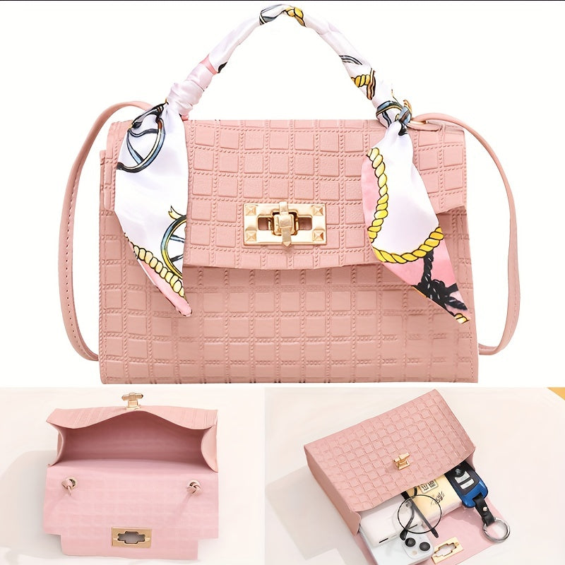 Mini Scarf Handle 3D Plaid Satchel Crossbody Handbag