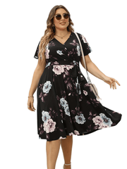 Women's Plus Floral Print Cap Sleeve Surplice Neck Bow Knot Medium Stretch Dress