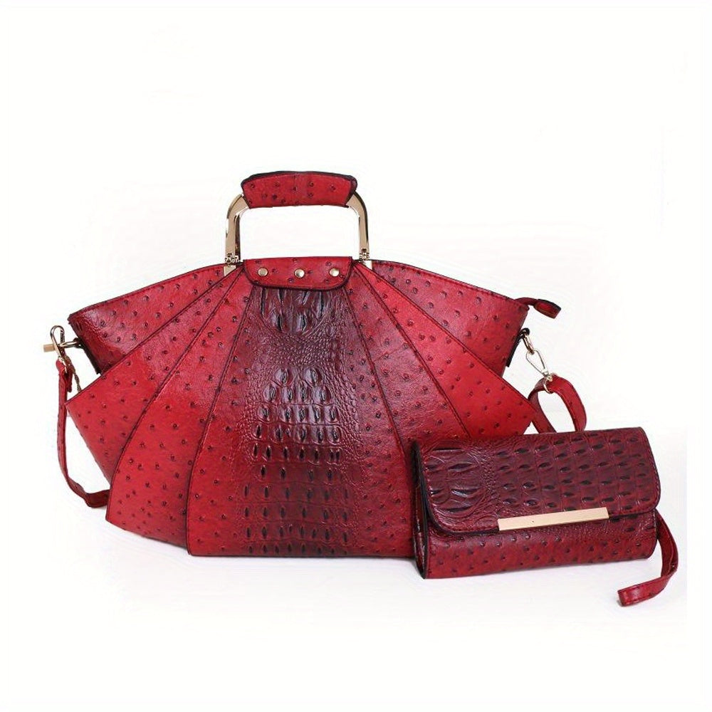 Crocodile Pattern Handbag Set Women's Stylish Shoulder Bag & Clutch Bag