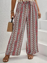  Women's Stripe Print Wide Leg Loose Tie Pants