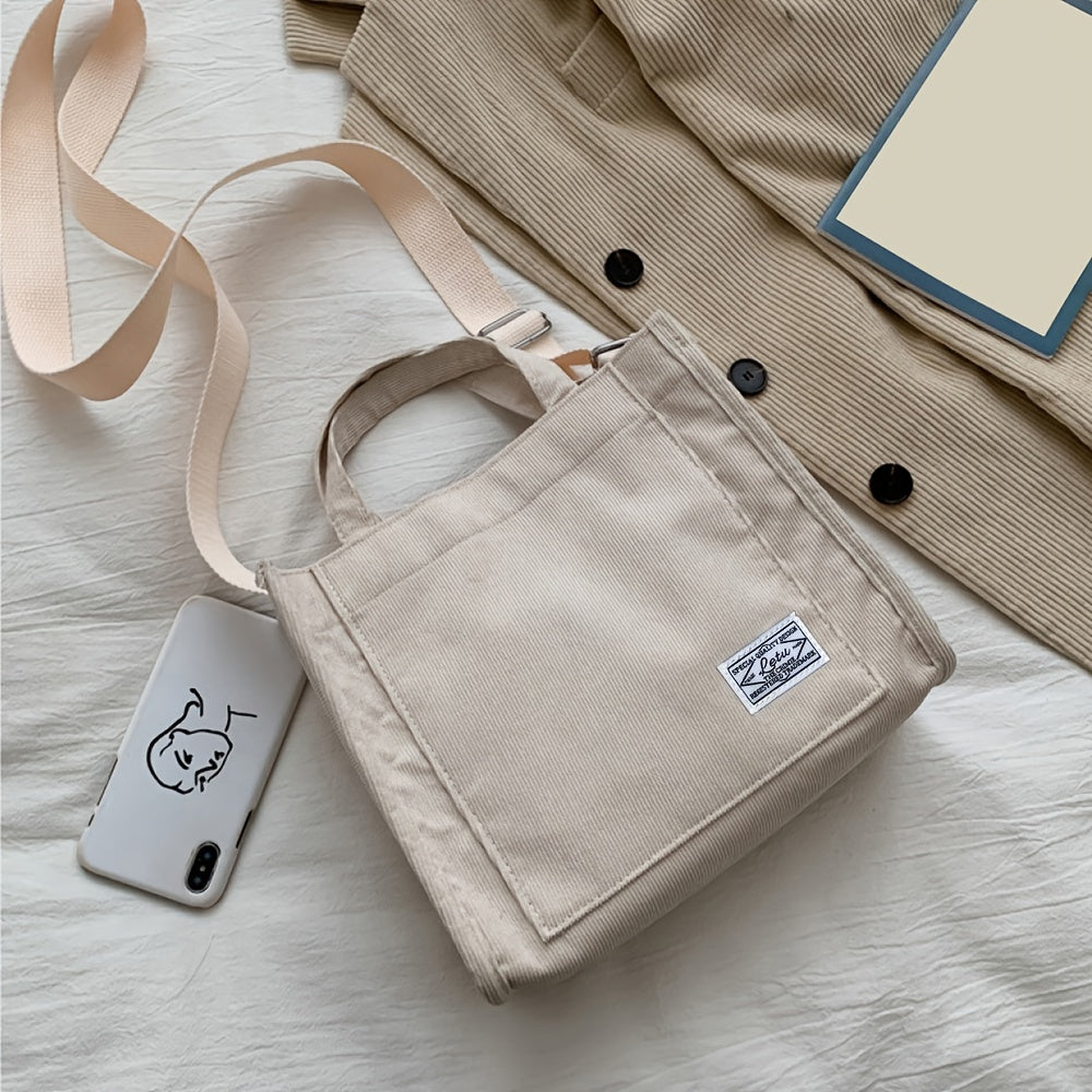 Letter Patch Corduroy Tote Bag Casual Shoulder Bag Retro Style Crossbody Bag