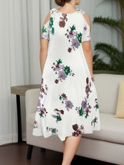  Floral Print Lace Cold Shoulder Maxi Dress