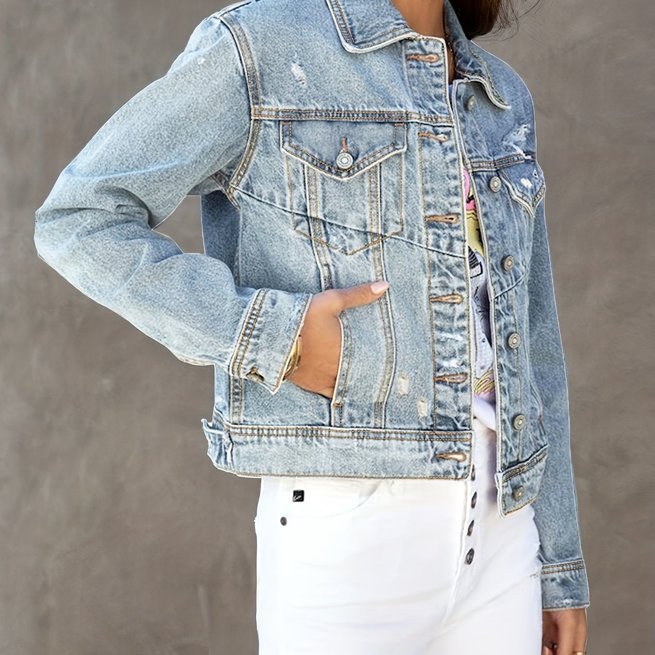 Flap Pockets Denim Jacket Long Sleeves Washed Lapel Coat