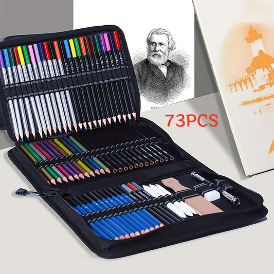 CCFOUD 73pcs Artist Drawing Set Colored Pencils Graphite Charcoal Pastels Marker