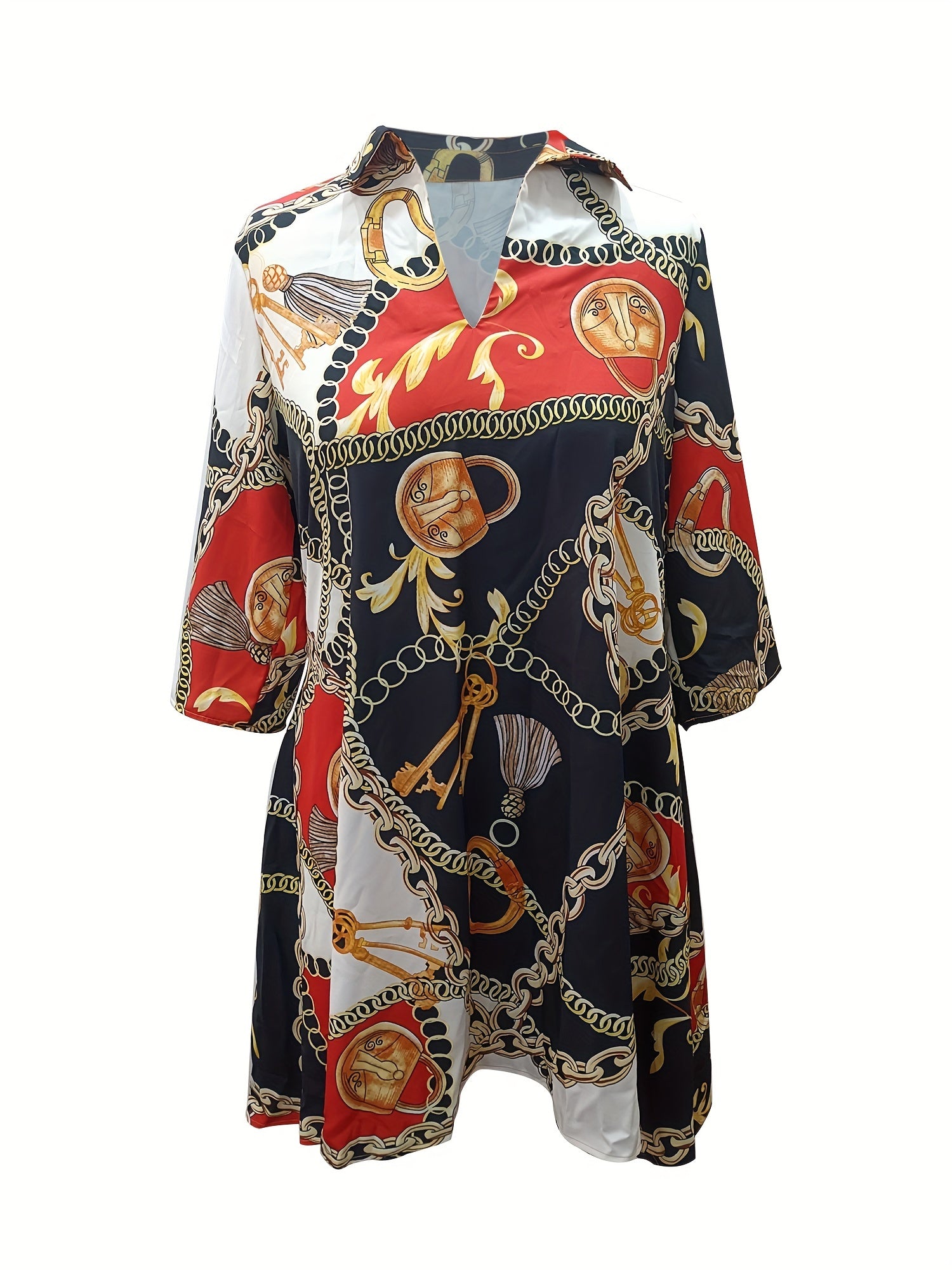 Plus Size Chain Print V Neck Dress With Pockets