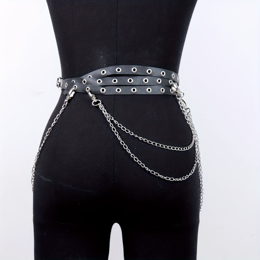 Eyelet Belt Punk Chain Fringe PU Leather Waistband for Women