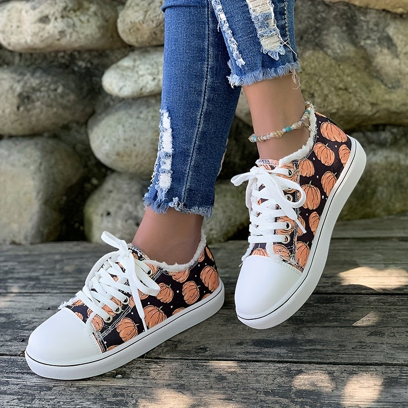 Women's Pumpkin Print Canvas Shoes Halloween Low Top Flat Walking Shoes