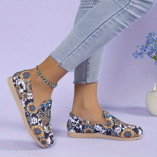 Women's Sunflower Print Flat Shoes Round Toe Slip On Shoes