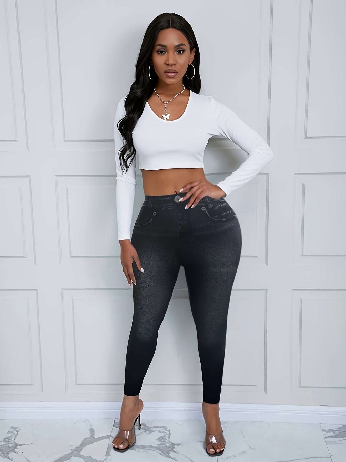 Denim Print Skinny Leggings Pants Casual Stretchy Spring & Summer