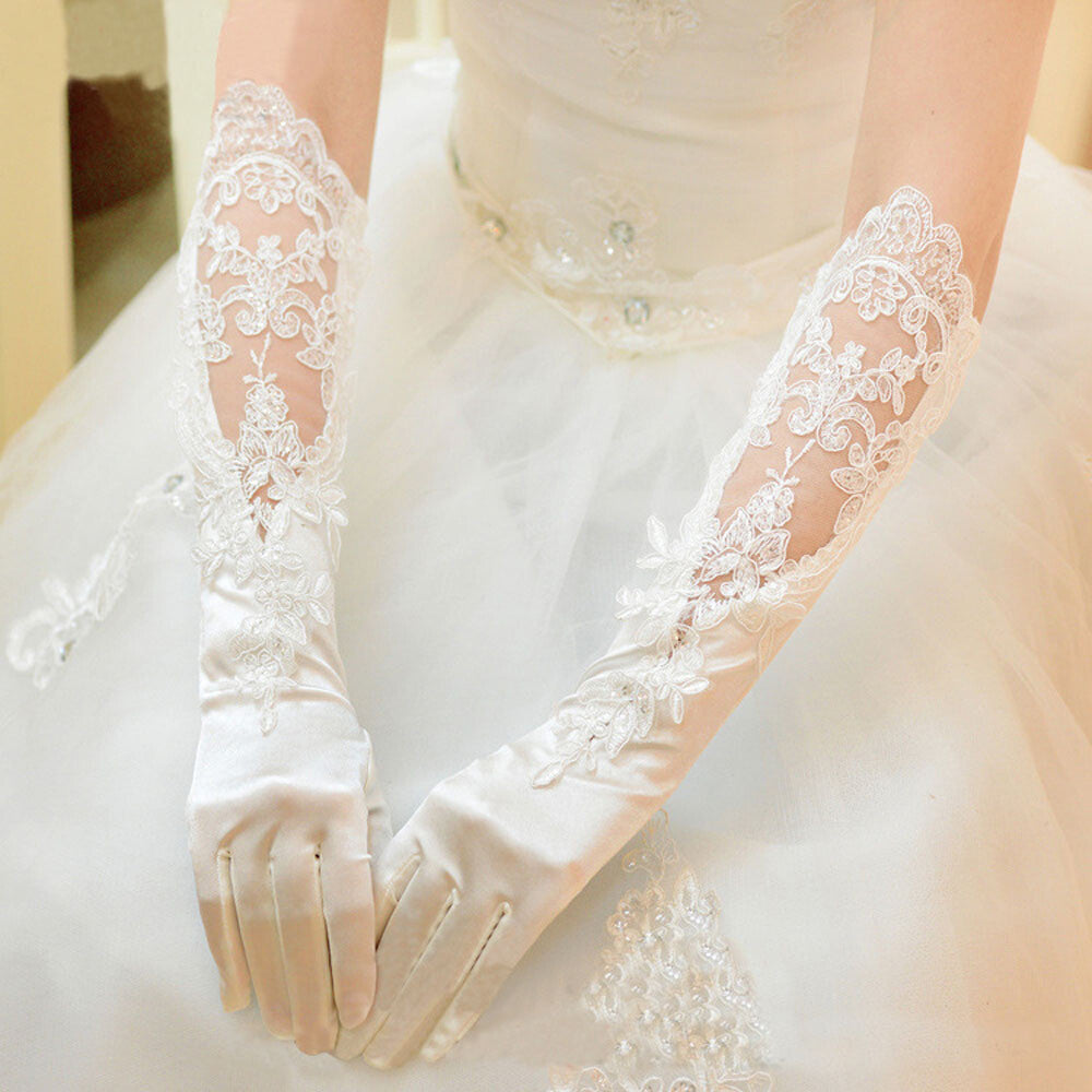 Satin & Lace Long Gloves for Women Formal Party Wedding Prom Gala