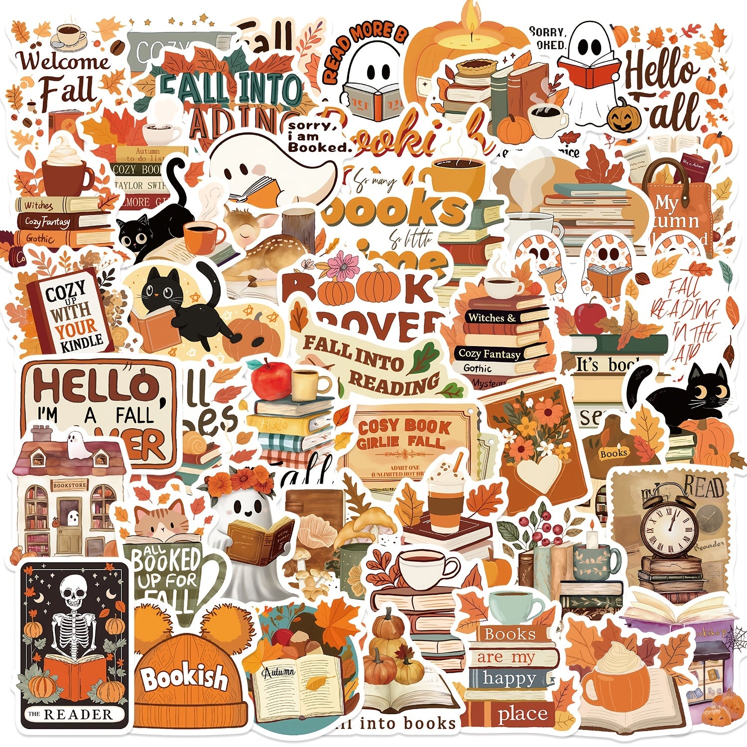 50pcs Bookish Fall Stickers Cartoon Book Nerd Decals Adhesive Paper Stick