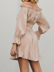 Off Shoulder Lantern Sleeve Bridesmaid Dress Ruffled Trim Pleated Mini Dress