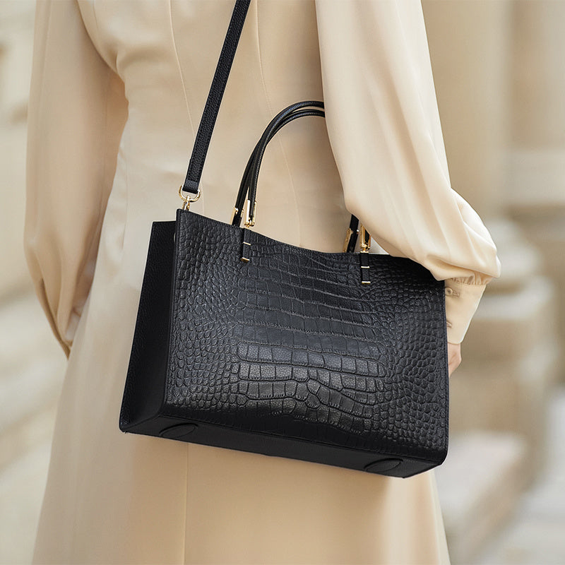 Crocodile Pattern Cowhide Handbag with Detachable Shoulder Strap