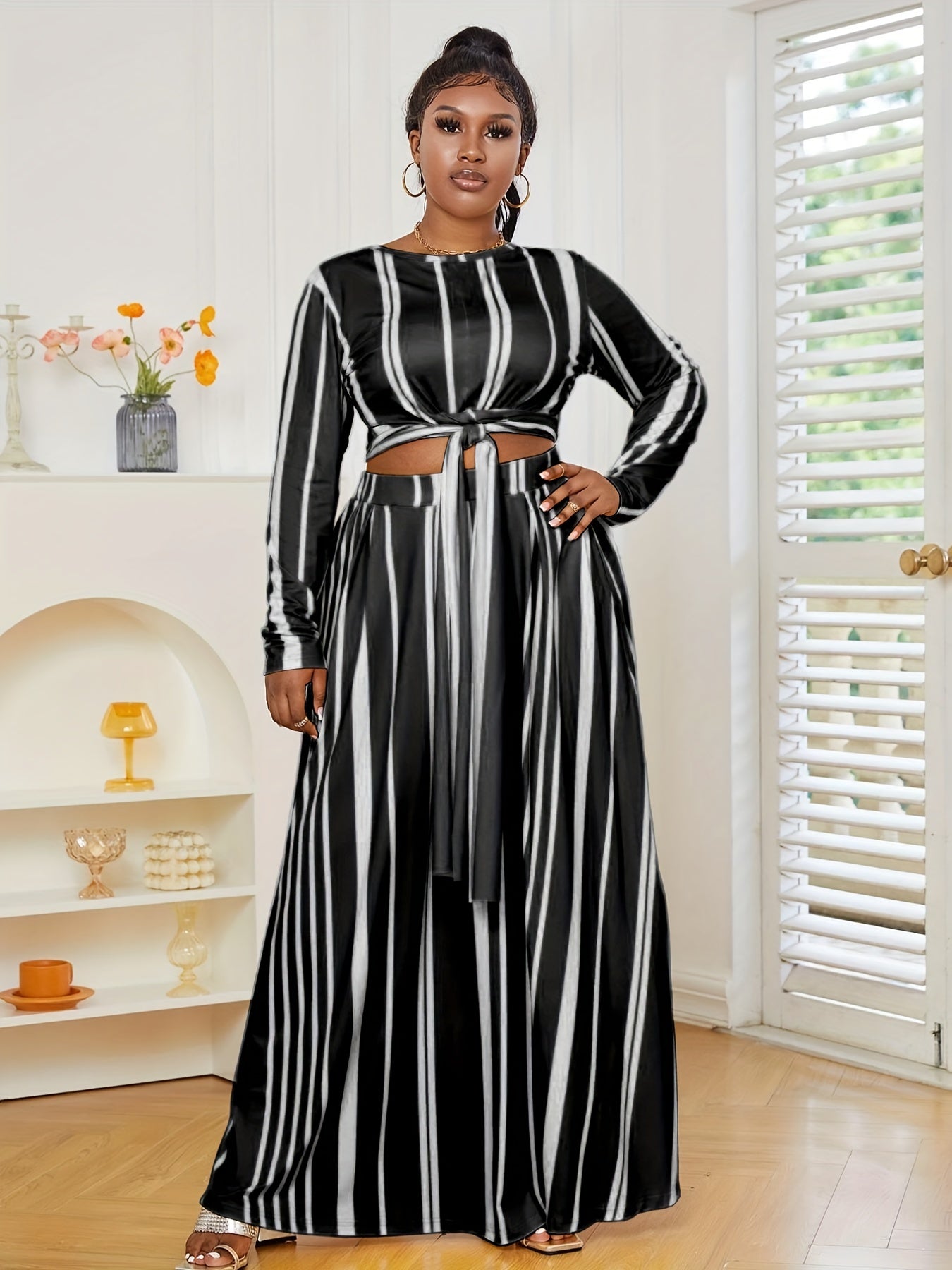  Striped Knot Front Crop Top & Maxi Skirt Set