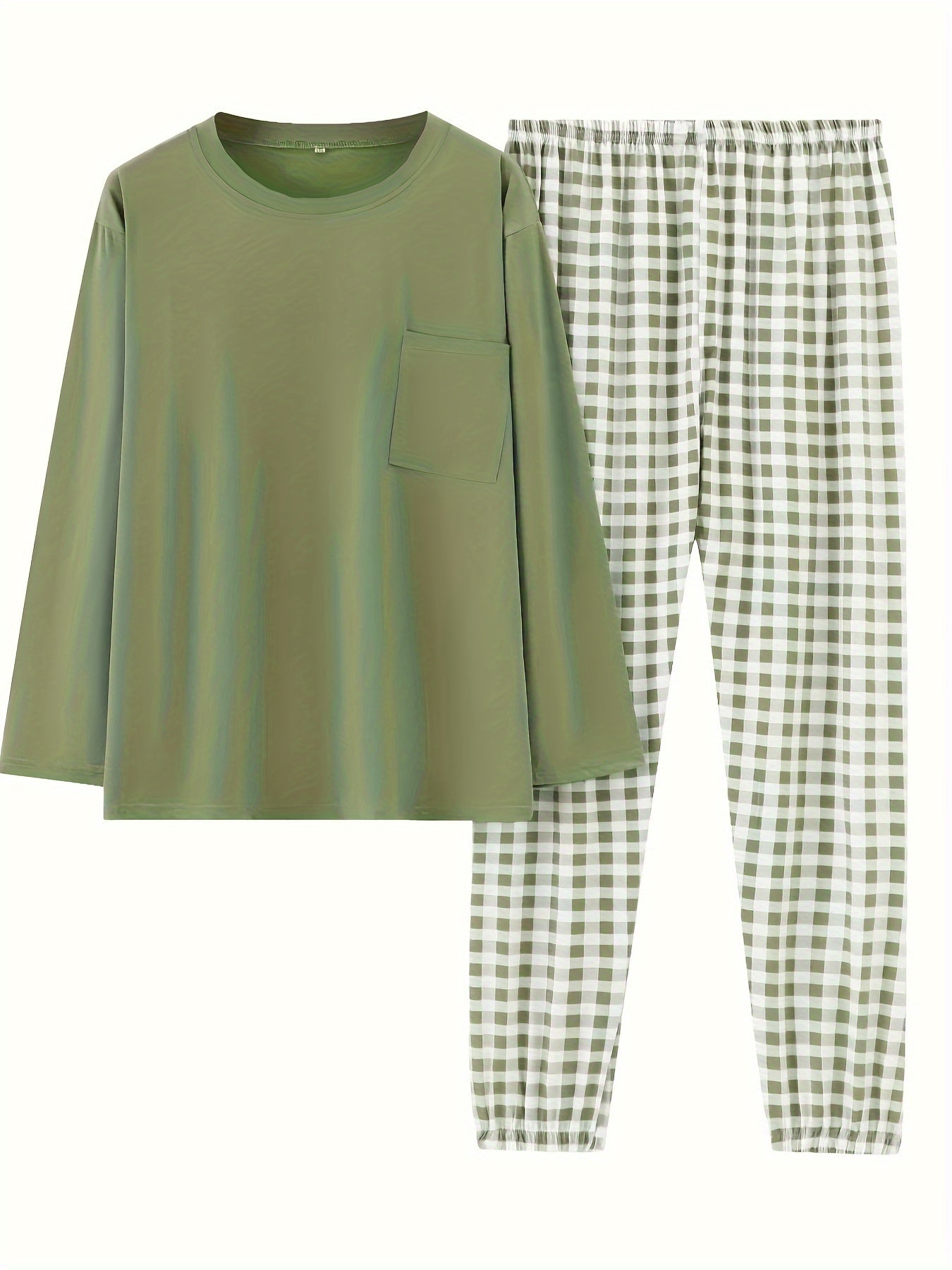  Casual Pajamas Set Long Sleeve Tee & Plaid Pants Loungewear 2pcs