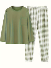  Casual Pajamas Set Long Sleeve Tee & Plaid Pants Loungewear 2pcs
