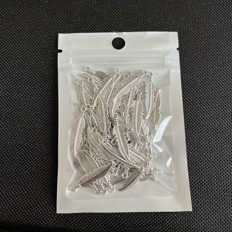 50pcs Double Sided Feather Charms Antique Silver Pendant