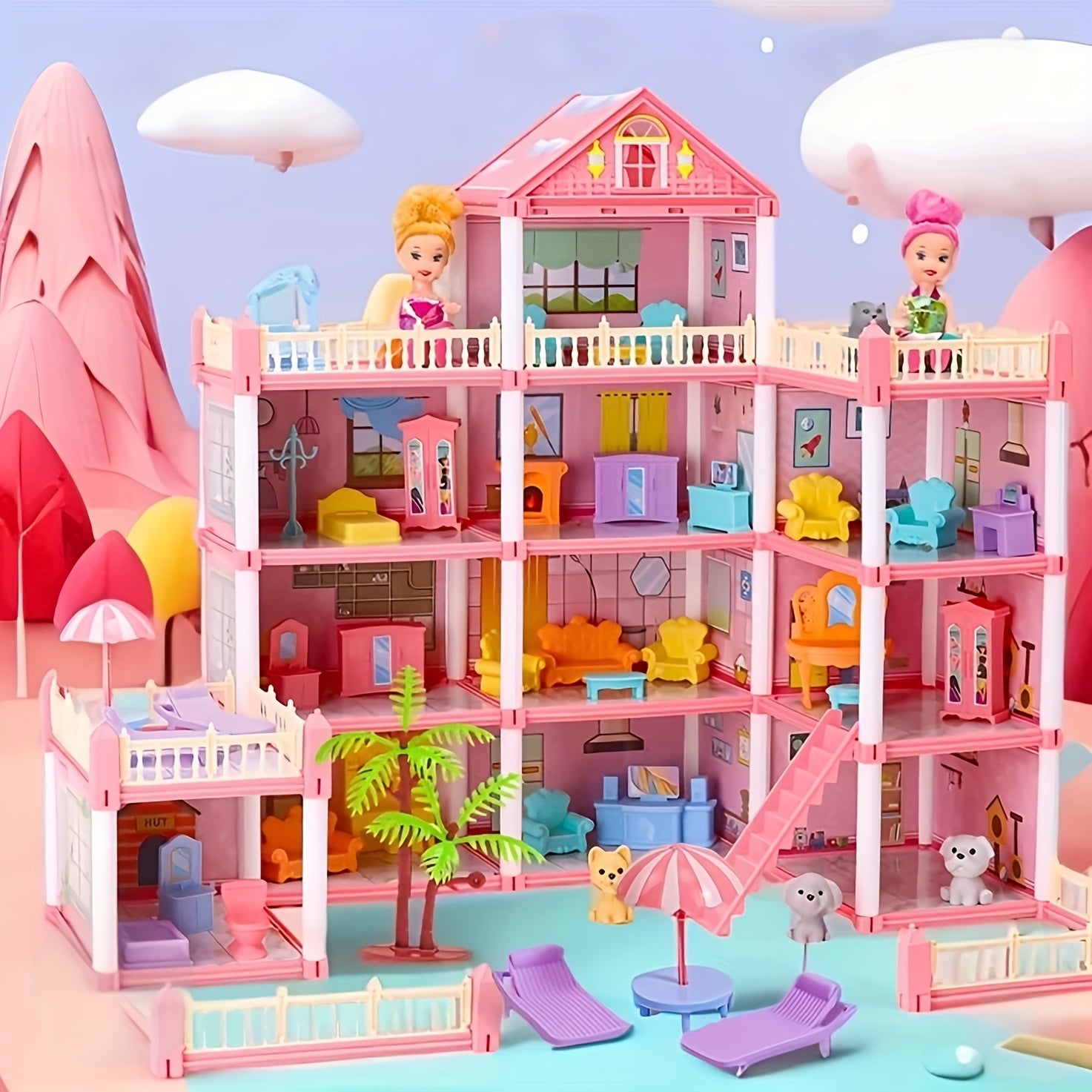 DIY Pink Doll House Playset with 4 Doll Figures and Puppy
