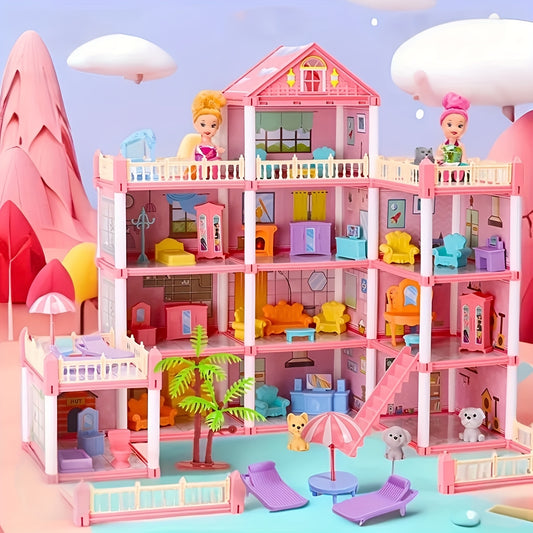 DIY Pink Doll House Playset with 4 Doll Figures and Puppy