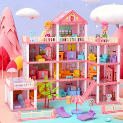 DIY Pink Doll House Playset with 4 Doll Figures and Puppy