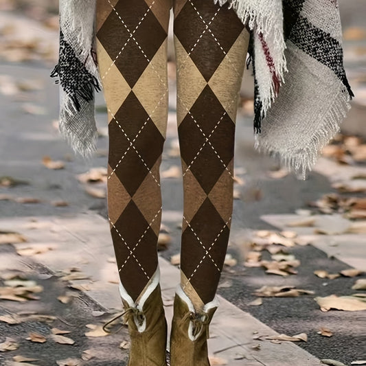  Casual Leggings Women's Plus Rhombus Print Medium Stretch Skinny Leggi