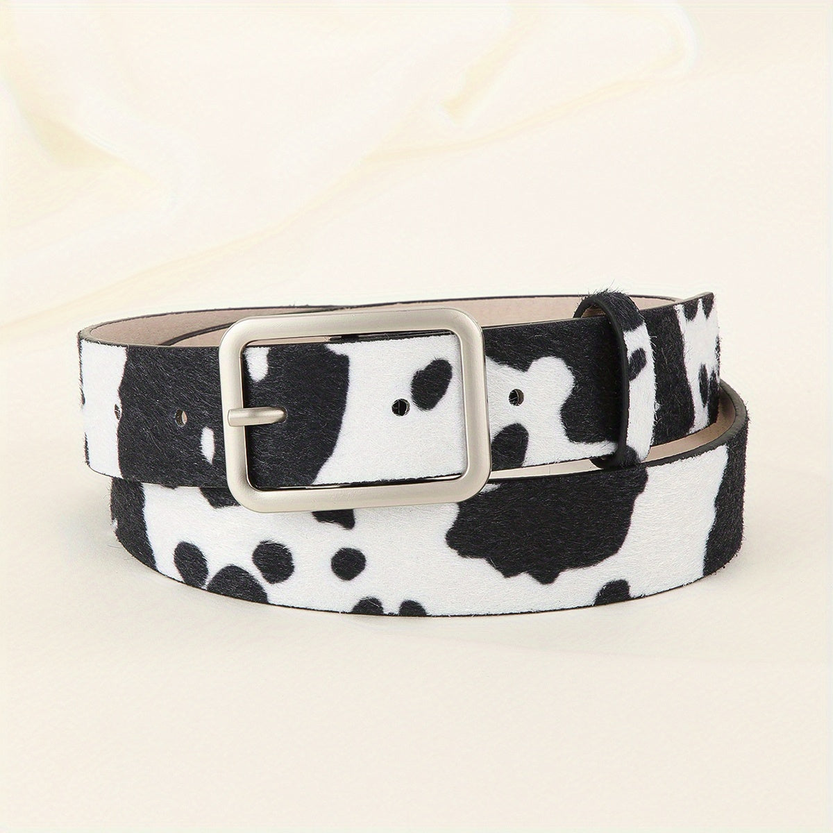 Y2K Style Cow Pattern PU Belt with Geometric Buckle