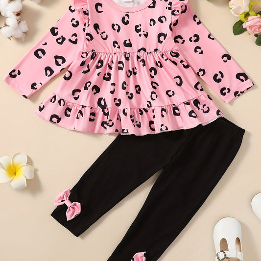 Girls Ruffle Top & Waist Pants 2pcs Leopard Print Bow Kids Clothes